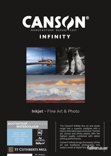 Canson Infinity Somerset Enhanced Watercolor White, digitalt fotopapper, texturerat, 240, 89, låda, A4 21 x 29,7 cm, tryckt kartong, vit, 25 ark 3148950100863