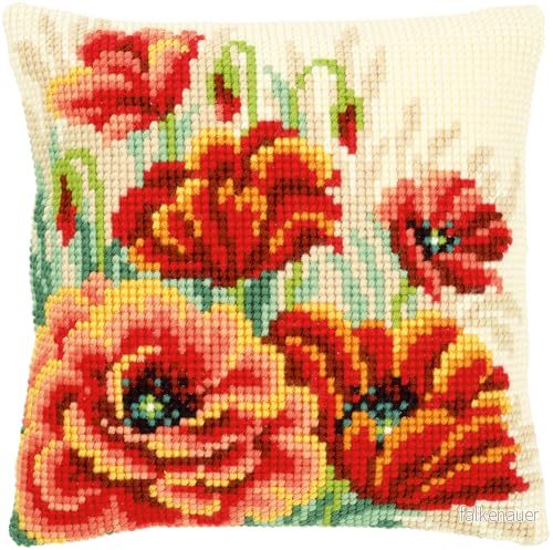Vervaco vallmoblomma prakt korskudde/stickkudde förtryckt, bomull, flerfärgad, 40 x 0,3 cm 5413480407378