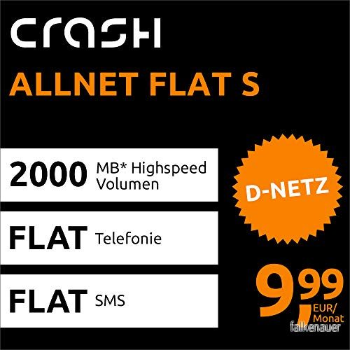 Crash Allnet Flat S med 2 GB platt internet max 21,6 Mbit/s, telefoni och SMS i alla Dt. nät, EU platt, 24 månaders drifttid, 9,99 EUR månadsvis 4043972249431