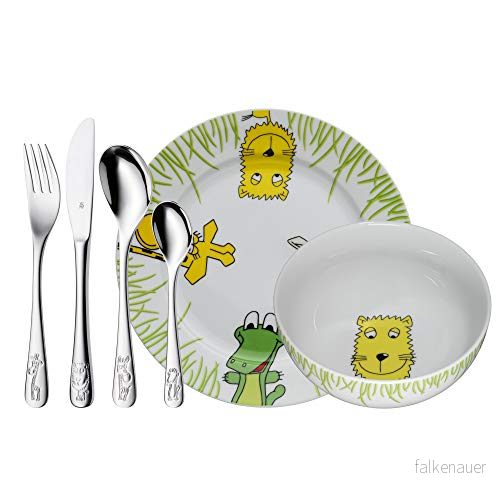 WMF Safari barnporslinsset i 6 delar, barnsele med barnbestick rostfritt stål, från 3 år, Cromarganpolerad, diskmaskinssäker 4000530691323