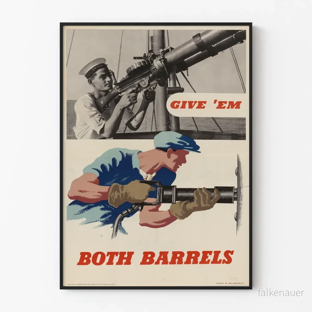 Vintage militärposter "Give 'Em Both Barrels" - Retro väggdekoration