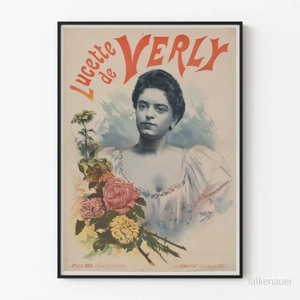 Vintageposter av Lucette de Verly med porträtt och blommor