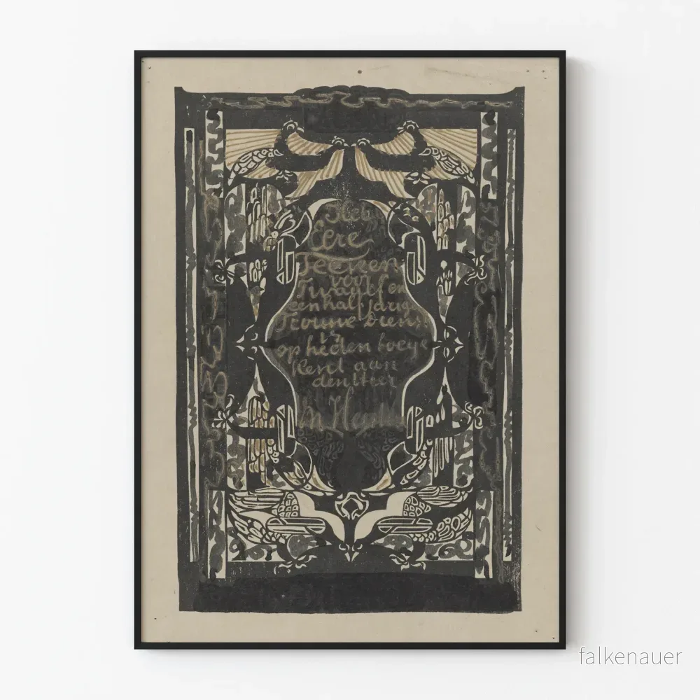 Vintageinspirerad dekorativ poster med ornamentalt motiv och kalligrafisk text