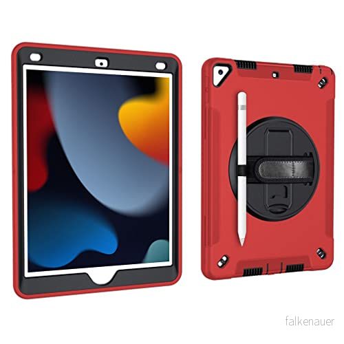 fodral för iPad 10,2 tum 9:e/8:e/7:e generationen 2021/2020/2019 med 3 i 1 design, minimalistiskt stötsäkert pennupphängning och 360 graders roterbar handledsrem, stor röd 7657136214370