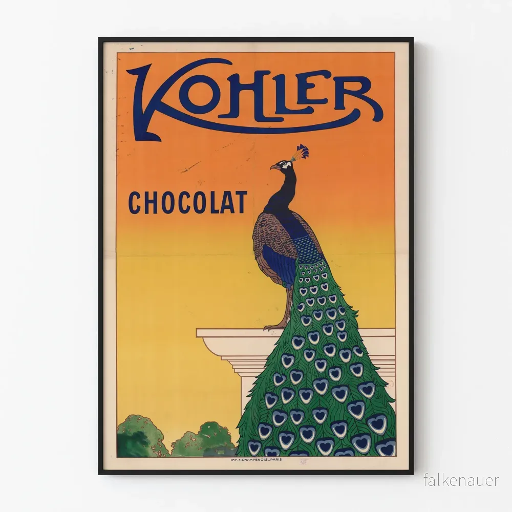 Vintageposter med choklad Kohler med färgstark påfågel
