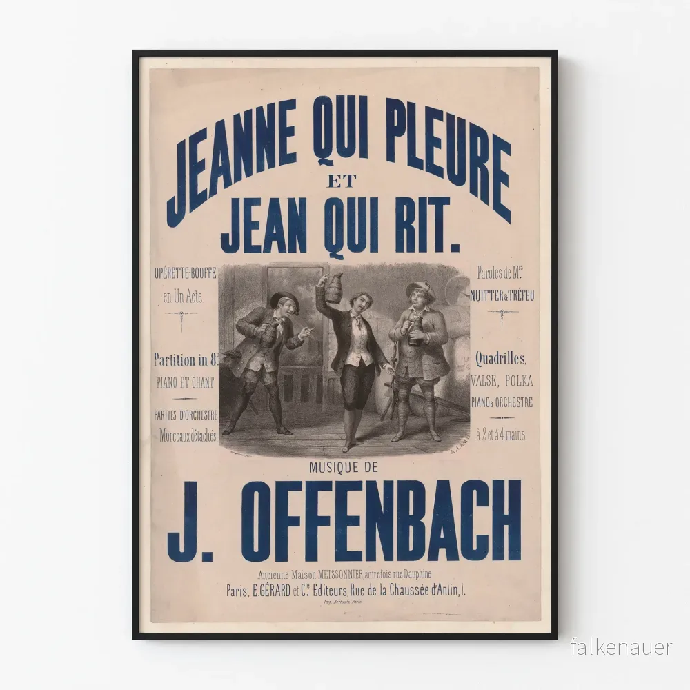 Vintageposter för operett Jeanne som gråter och Jean som skrattar av J. Offenbach