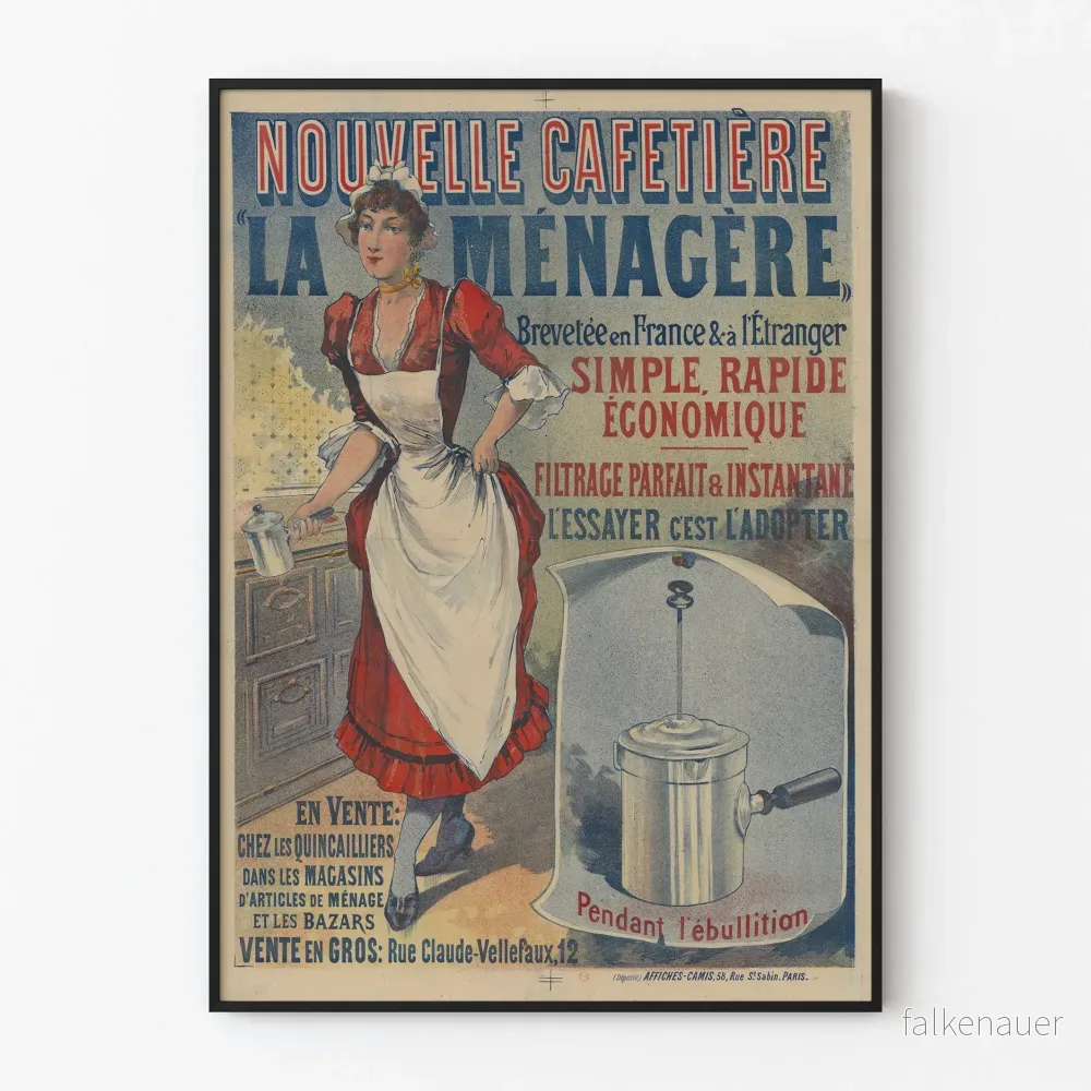 Vintage affisch av ny kaffekanna La Ménagère – retro väggdekoration för kök