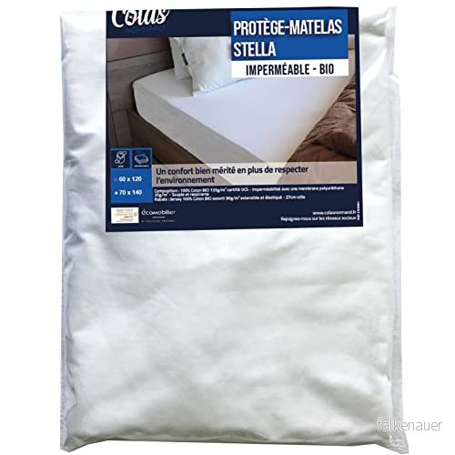 COLAS NORMAND Vattentätt madrassskydd 70 x 140 OCS certifierad ekologisk bomull mjuk och motståndskraftig flikar 27 cm 100% stretch 3258525060499