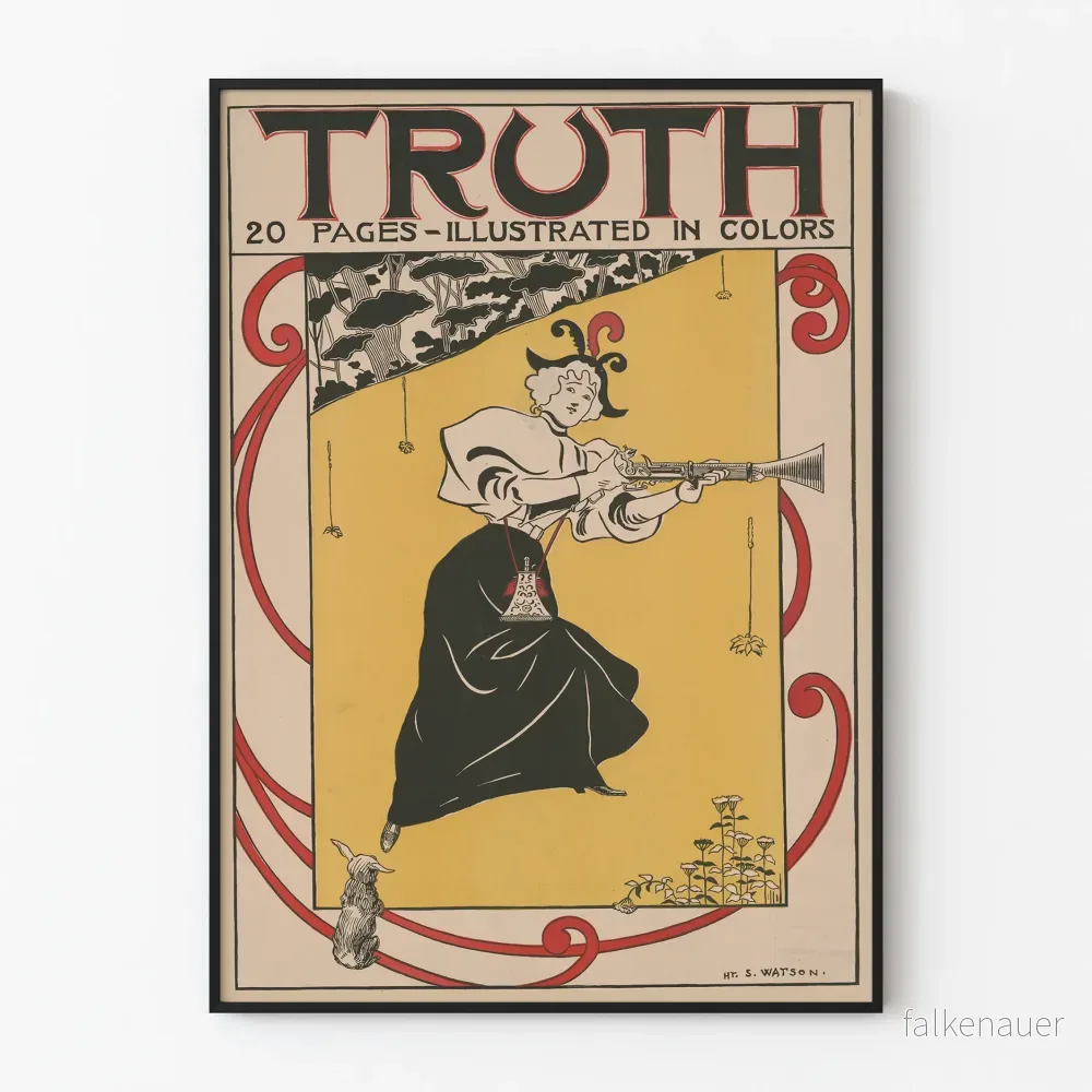 Vintageaffisch Sanning - Art Déco-illustration av kvinna med gevär