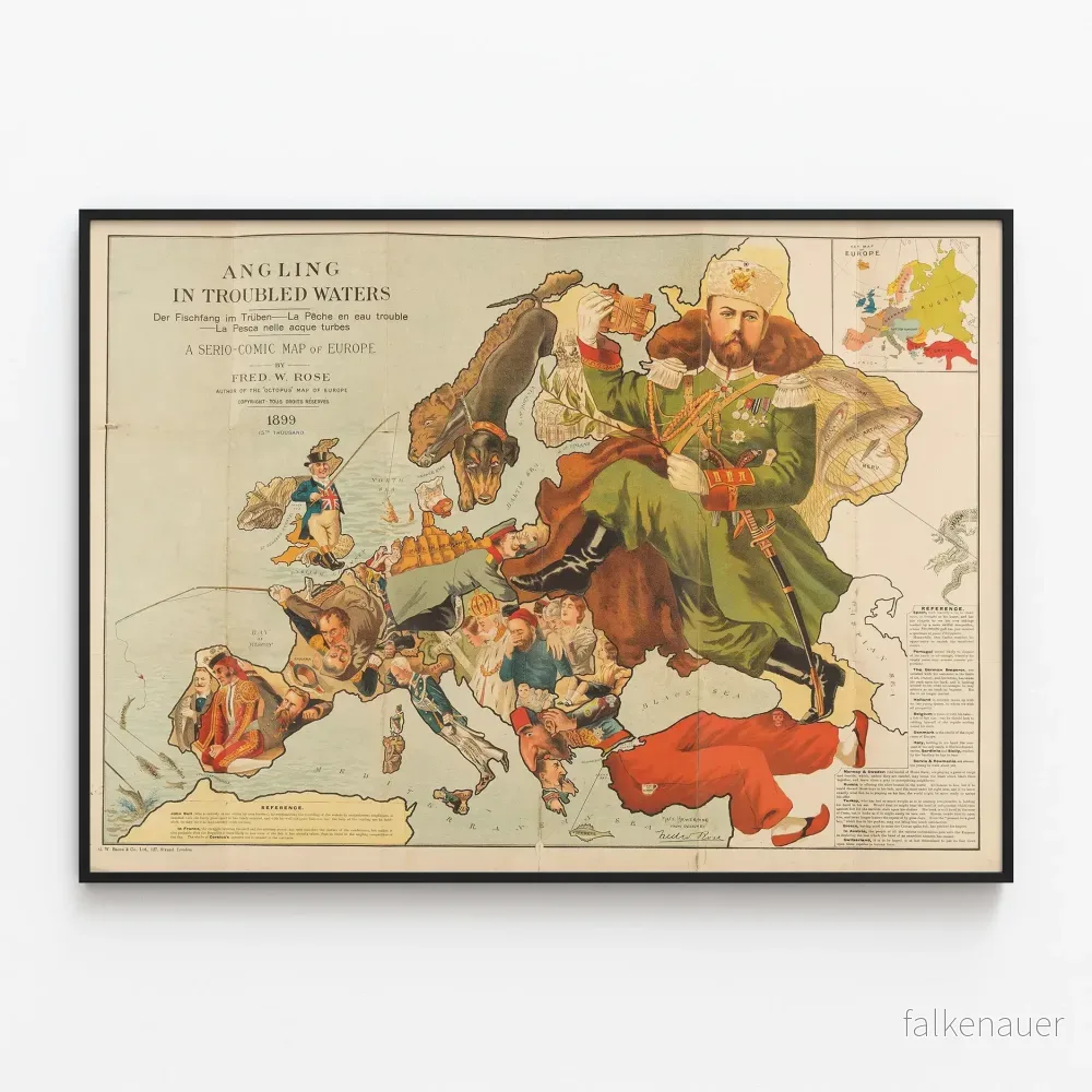 Vintageaffisch Fiskelycka i oroliga vatten – Satirisk karta över Europa 1899 Vintageaffisch Fiskelycka i oroliga vatten – Satirisk karta över Europa 1899