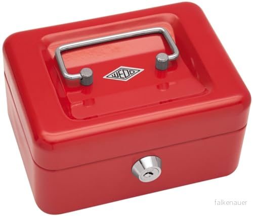 Wedo 145102X kassaskåp (tillverkad av pulverlackerat stål, infällbart handtag, 4 fack, säkerhetscylinderlås, 15,2 x 11,5 8,0 cm) röd 4003801787251