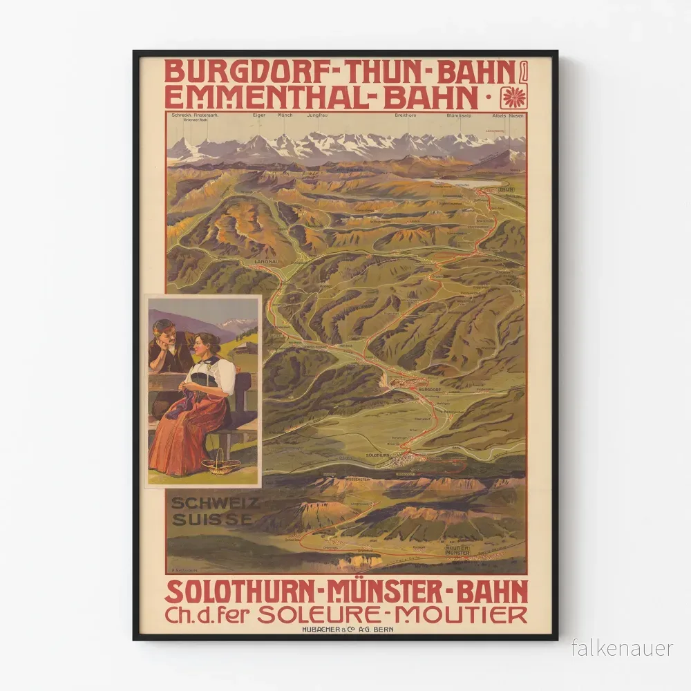 Vintageaffisch Schweiziska järnvägskarta Emmental och Münster