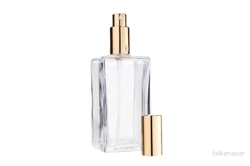 Fantasia Parfymflaska, tom 100 ml med spraypump, klar glasflaska, fyrkantig, för att fylla parfym, sprejflaska och lock i guld, påfyllningsbar 4014491461956