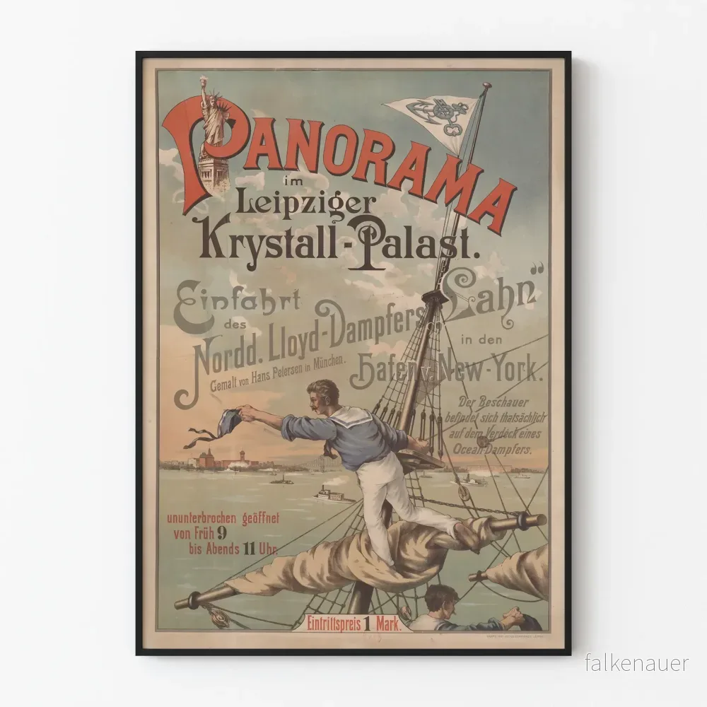 Vintageposter Panorama Leipzig Krystall-Palast ångbåt
