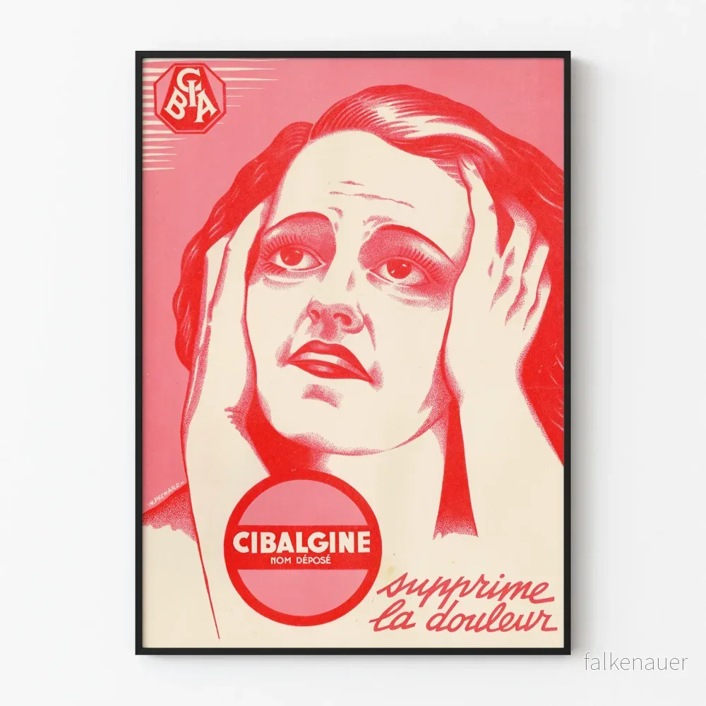 Vintage röd Cibalgine-Poster - retro väggdekoration mot smärta