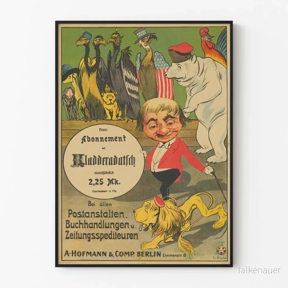 Vintageposter Kladderadatsch Prenumeration med karikatyrdjur