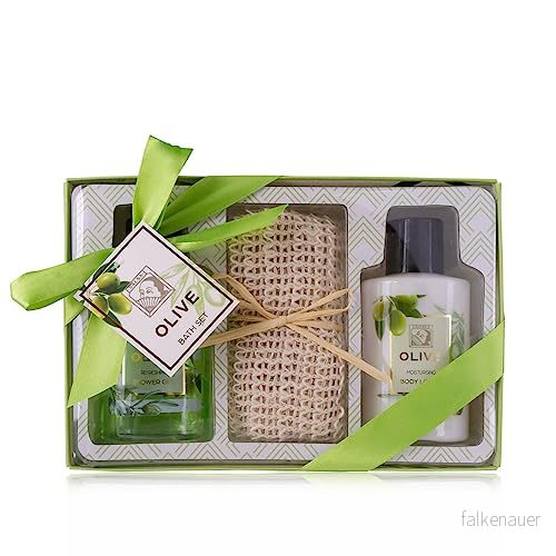Accentra duschset dampresentset OLIVE i en vacker presentask 3 delat vårdset med duschgel, bodylotion och handduk gjord av sisal wellness presentset för födelsedagar, Alla hjärtans dag 4015953692420