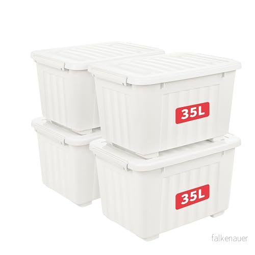 Cetomo 35 L x 4 plastförvaringslåda, vit, tyglåda, organiseringsbehållare med hållbart lock och säkra spärrspännen, stapelbar bosbar, pack, spänne 6925801116061