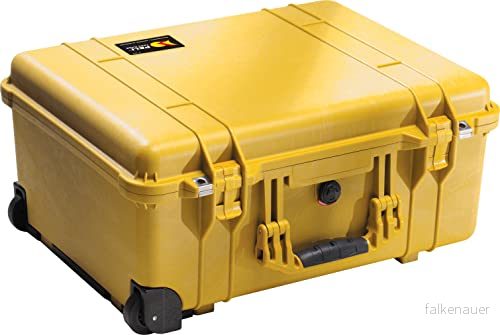 PELI 1560 stor stötsäker väska för ömtålig utrustning med hjul och teleskophandtag, IP67 vatten dammtät, 44 liters kapacitet, tillverkad i Tyskland, inget skum, gul 19428049973