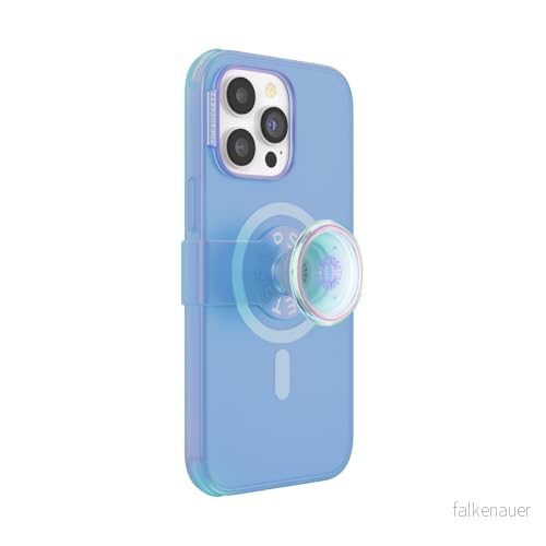 PopSockets iPhone 14 Pro Max skal med mobiltelefongrepp och glidhållare, kompatibel MagSafe, lämpligt för trådlös laddning, blå genomskinlig 840173727843