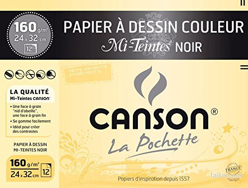 CANSON Halvfärgad påse med 12 ark svart ritpapper 24 x 32 160 g/m² 3148953171044