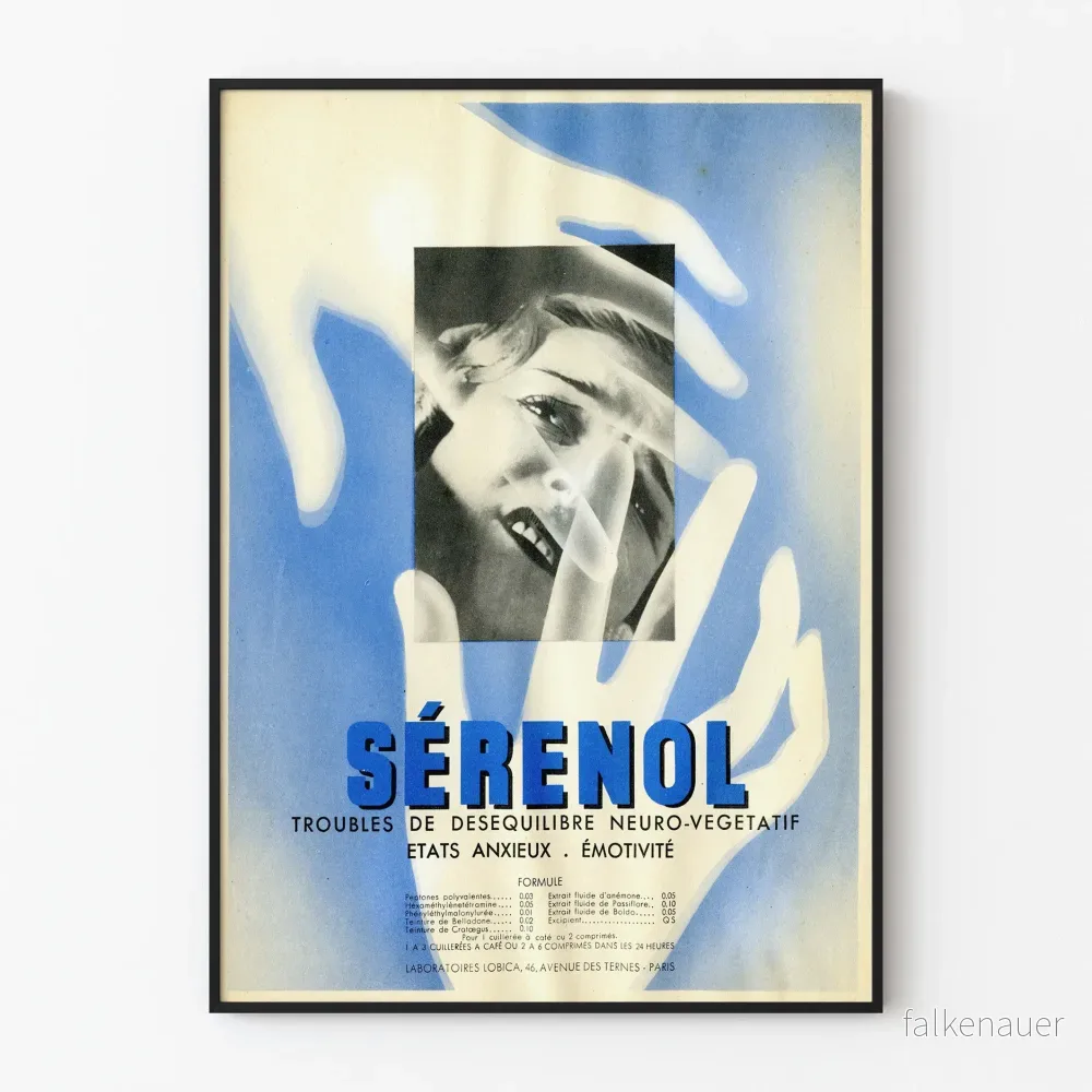 Vintageposter Sérénol – Retro väggdekoration i blått och svart