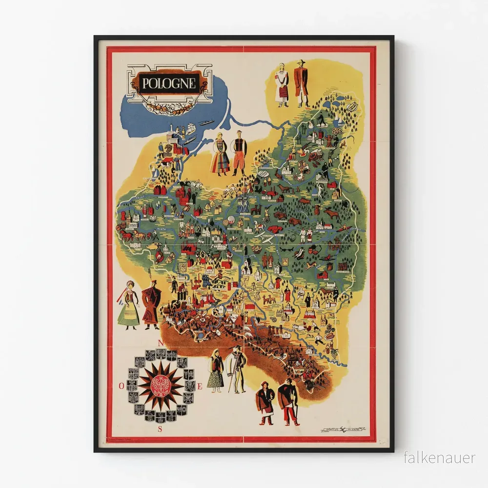 Posterkarta över Polen med traditionella dräkter och regionala symboler