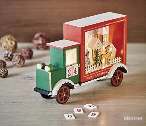 EMOS Lysande laster adventskalender, trälastbil med LED belysning och dekoration, varmvit, juldekoration för inomhusbruk IP20, batteridriven (2 x AA), 6/18 h timer, 20 30,5 cm 8592920111185