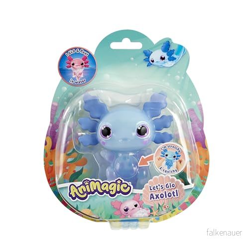 Animagic Let's Glo Axolotl Blå, elektronisk och lysande husdjur, barn från 4 år, sensorisk lek taktil upplevelse, stretchig kropp, gosig leksak att simma lyser i vattnet 8720077303928