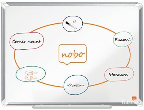 Nobo Magnetisk Whiteboardtavla Emaljerad, 600 x 450mm, Aluminiumram, Hörnfästning, Inkluderar Whiteboardpenna, Premium Plus, Vit, 1915143 5028252608152