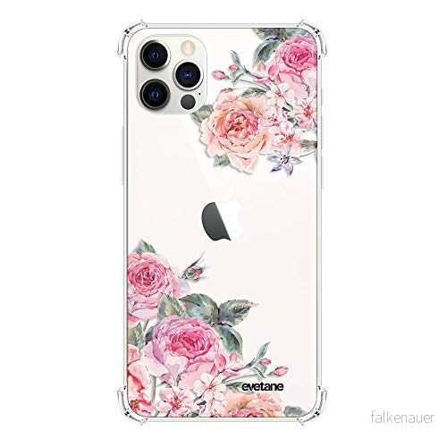Evetane Silikonfodral kompatibelt med iPhone 12/12 Pro mjukt och förstärkt skydd stötdämpande hörn tunt genomskinligt bakre fodral rosa rosor 3666087683030