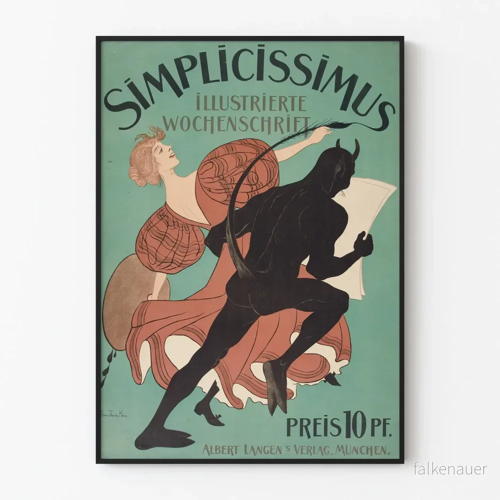 Kunstnärlig vintageaffisch för Simplicissimus veckovisa illustrerade poster
