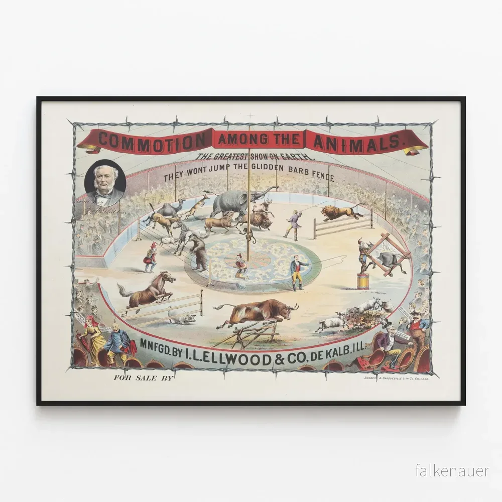 Vintageposter av cirkus och taggtrådsstängsel Glidden