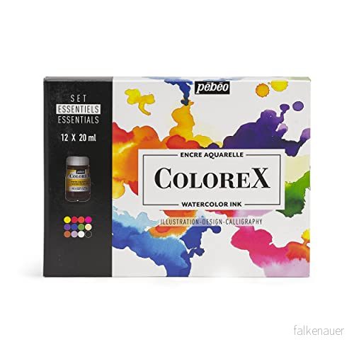 Pébéo Colorex Box 12 flaskor 20 ml blandade manga och illustrationssats det essentiella akvarellbläck kompletterande färger 3167864174036