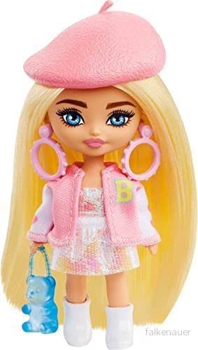 Barbie docka, Extra Mini Minis, blond docka med hårspänne och collegejacka, handväska i form av gummibjörn, barnleksaker, kläder accessoarer, HLN48 194735116164
