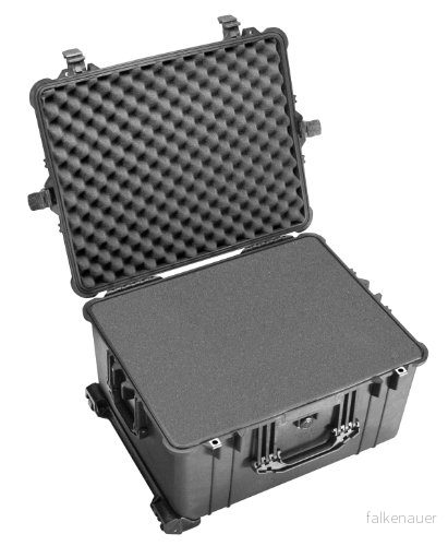 PELI 1620 stötsäker låda på hjul, teleskophandtag av stoppade avdelare, IP67 vatten och dammtät, 72 liters kapacitet, tillverkad i Tyskland, med svart 19428019976
