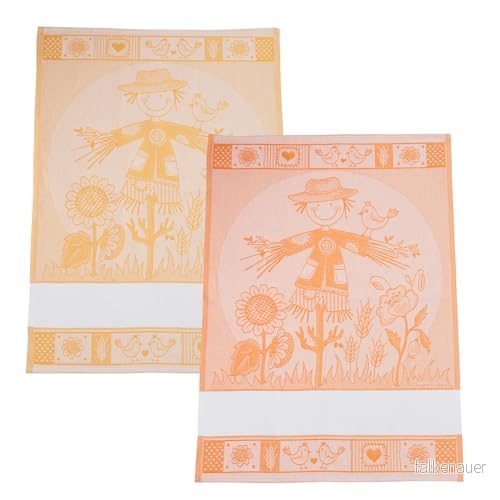 Filé uppsättning av 2 jacquard kökshanddukar för kök med Aida, sätt 55 hål att brodera, perfekt torka servis, tillverkad i Italien, fågelskrämma design, orange och gul 8055727212924