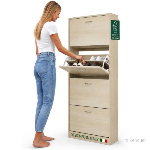 BAKAJI Skoställ MDF trä skohylla med 4 dörrar flip skohållare metallhandtag dubbelt djup kompakt storlek smal 63 x 24 150 cm platsbesparande entré hem (alm) 8054143034219