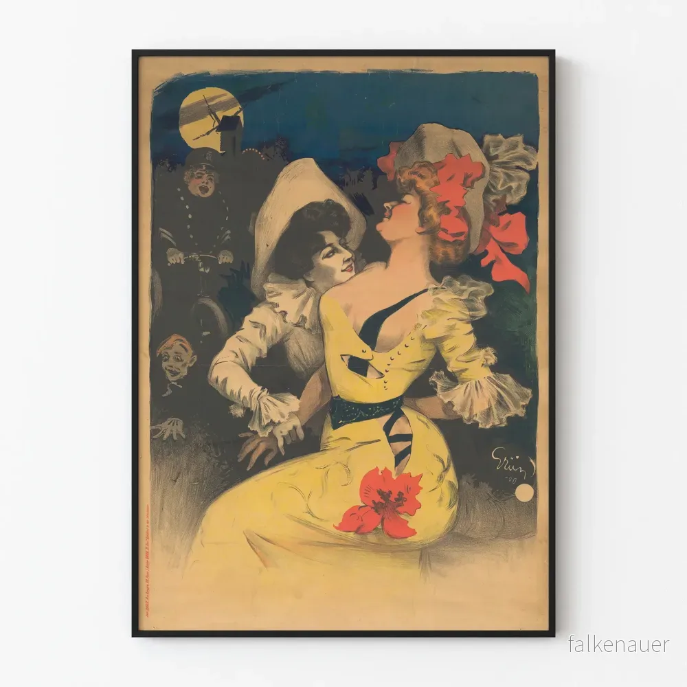 Vintageposter med Pierrot och ung kvinna i gul klänning