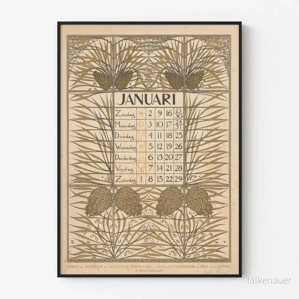 Vintage kalenderposter för januari 1898 med blomstermotiv i jugendstil