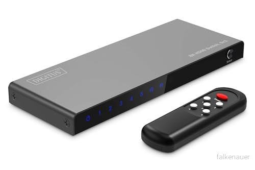 DIGITUS HDMI Switch 2.1 8k60Hz 5 ingångar 1 utgång HDR, HDCP, CEC, Deep Colour för TV, bildskärmar, projektorer, PS5, PS4, Xbox med fjärrkontroll (utan batterier) Svart 4016032495550