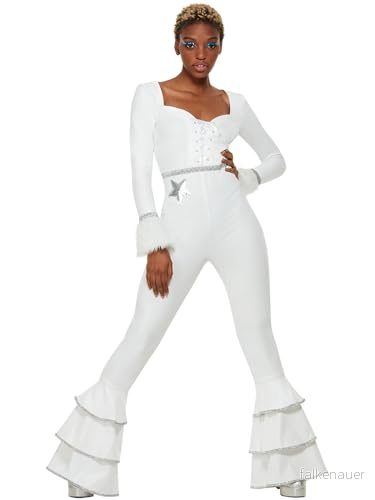 70s Deluxe Glam Costume, White, Ruffled Jumpsuit (S) 5059513002242