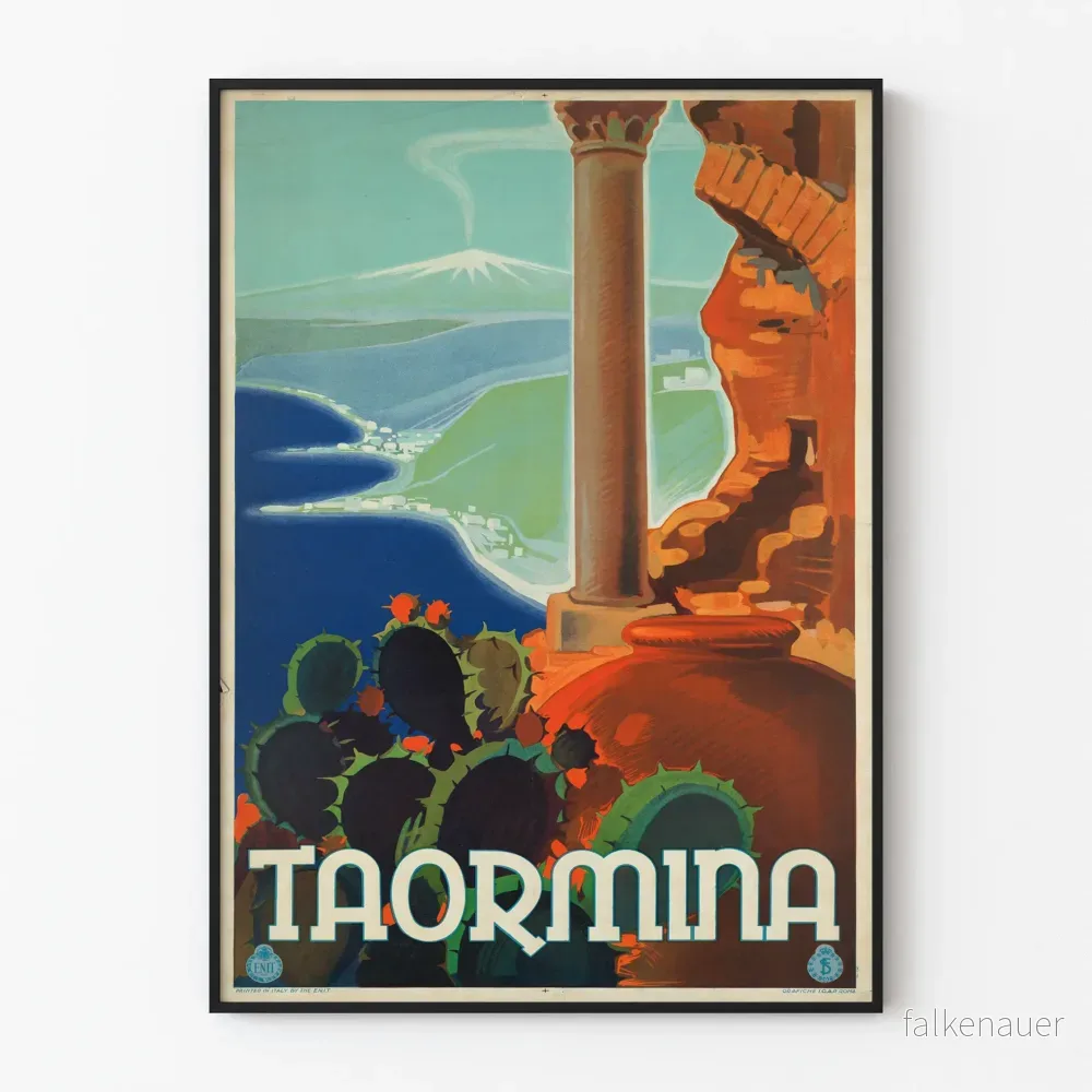 Vintageposter av Taormina med utsikt över Etna och medelhavsinredning
