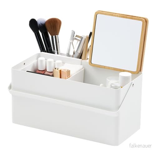 Yamazaki 5453 Tower sminkbox, vit, stål/trä/spegel/ABS harts, minimalistisk, 31 x 15 15,7 cm 4903208054539