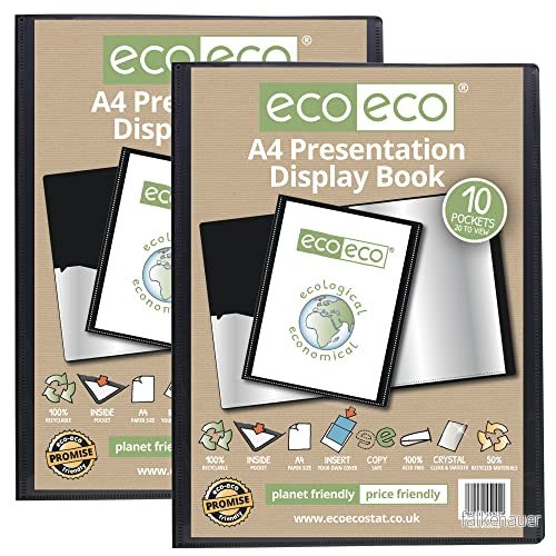 eco A4 storlek 50% återvunnen 10 fickor svart presentationsbok, förvaringsfodral, portfölj, konstmapp med plasthylsor (paket 2 böcker), svart, eco042 x 5060454459552