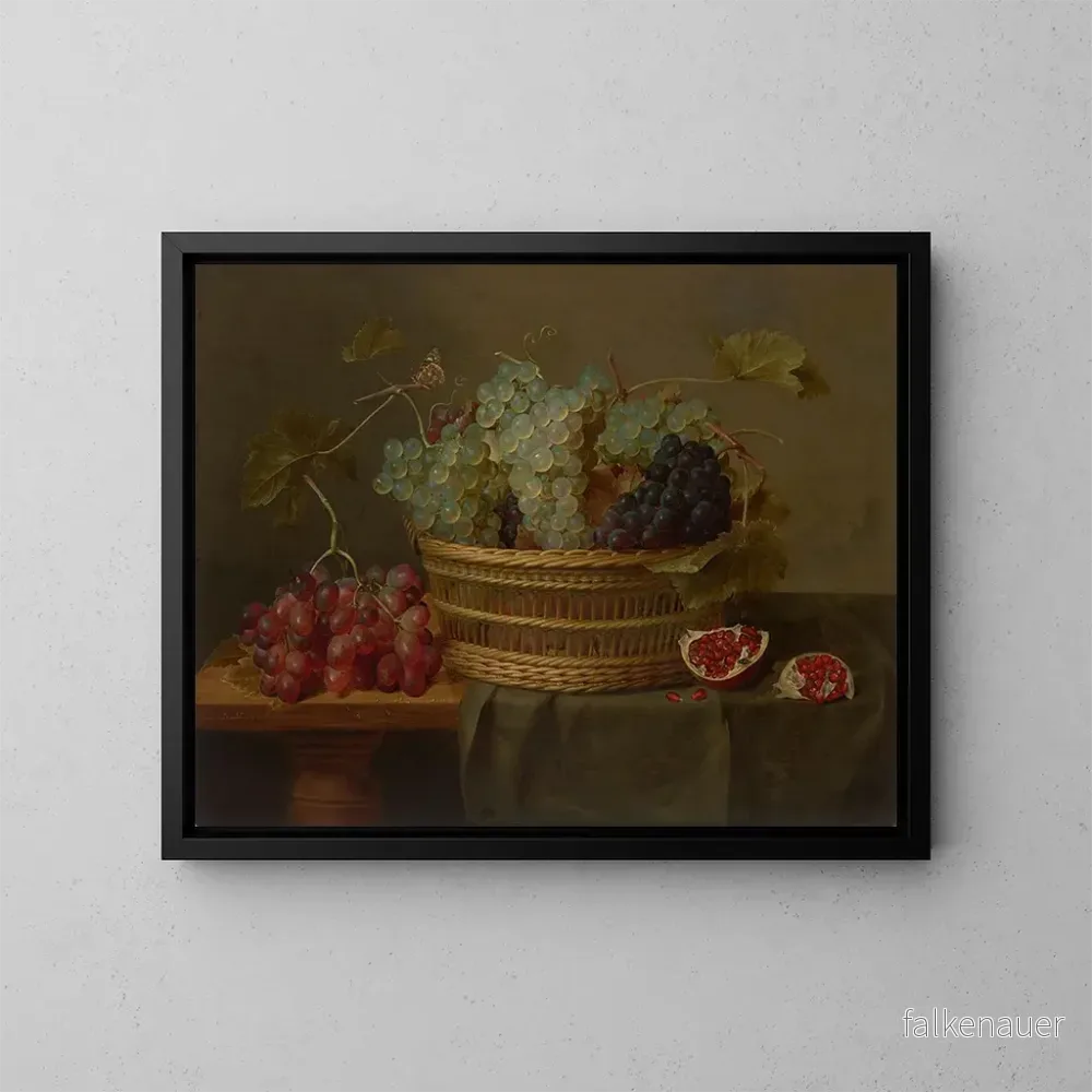 Målning En korg med druvor och en granatäpple på ett bord – Jacob van Hulsdonck | Konsttryck Målning En korg med druvor och en granatäpple på ett bord – Jacob van Hulsdonck | Konsttryck