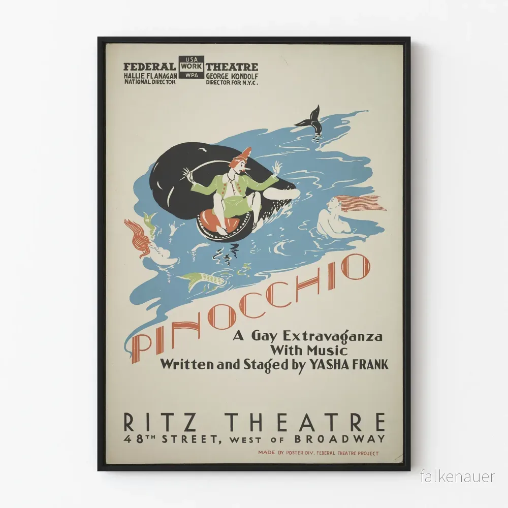 Vintage dekorativ poster med Pinocchio, sirener och val
