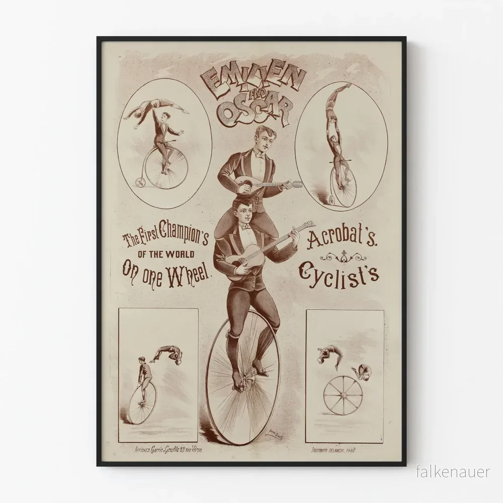Vintageposter Emilien och Oscar, akrobatiska cyklister på ett hjul Vintageposter Emilien och Oscar, akrobatiska cyklister på ett hjul