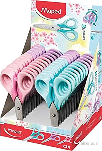 Maped - Skolsax Sensoft tårta 13 cm display med 24 barnsaxar ergonomiskt grepp för enkelt mjuka ringar 3 olika mönster 3154144842112