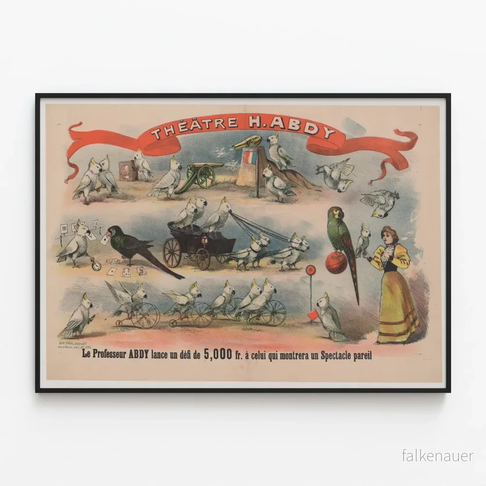 Vintageaffisch för teatern H. Abdy med dansande papegojor